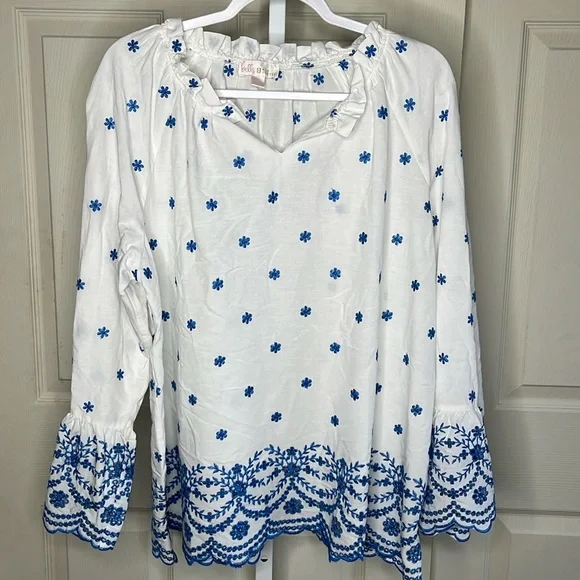 Belle Kim Gravel Floral Embroidered Eyelet Ruffled Neck Blouse size xl - Picture 3 of 16